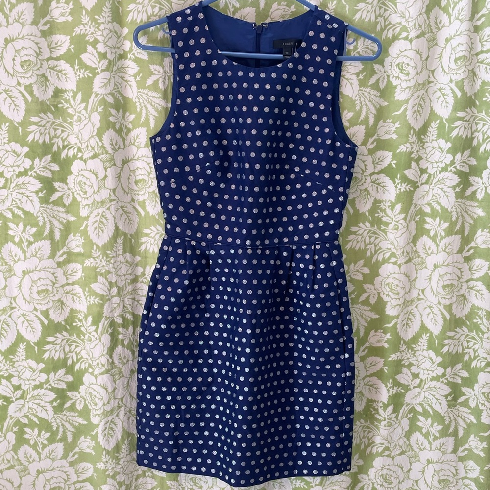 NWT J. Crew Navy Blue Fit and Flare Dress with Silver Metallic Dots
